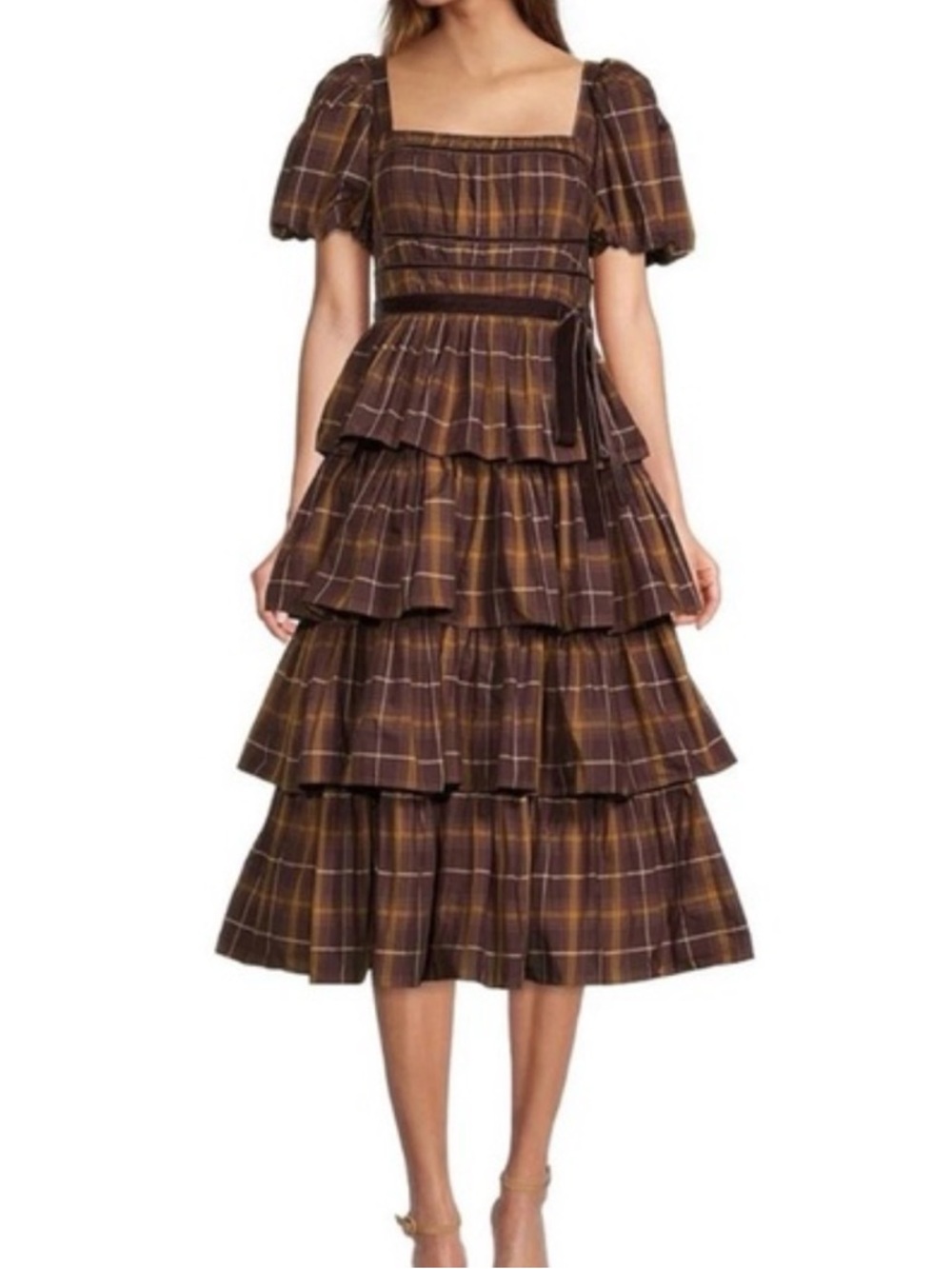 ANTONIO MELANI Brown Plaid Tiered Midi Dress